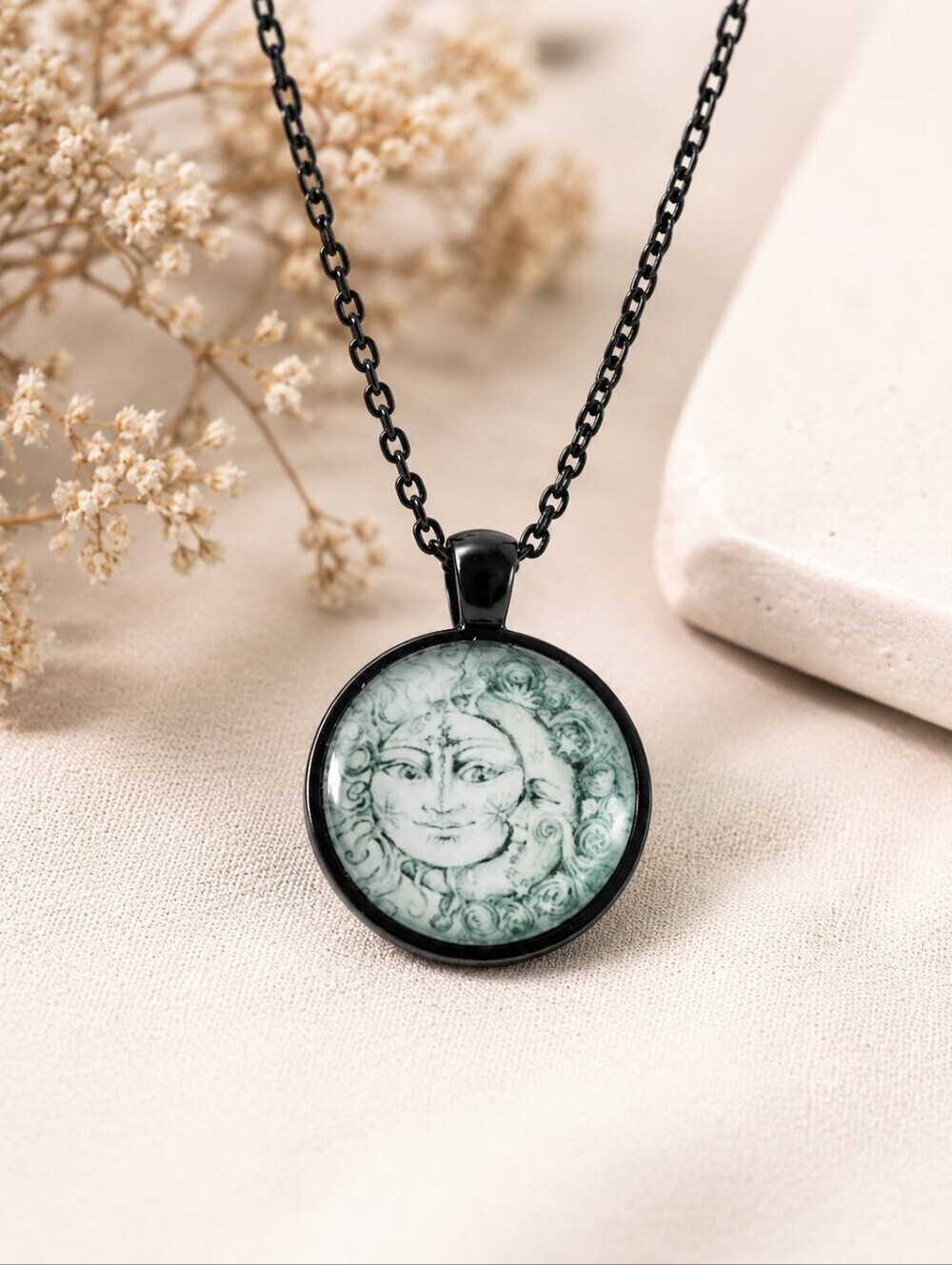 Sun & Moon Pendant Necklace - Celestial Boho Black Chain Necklace - 20 Inch